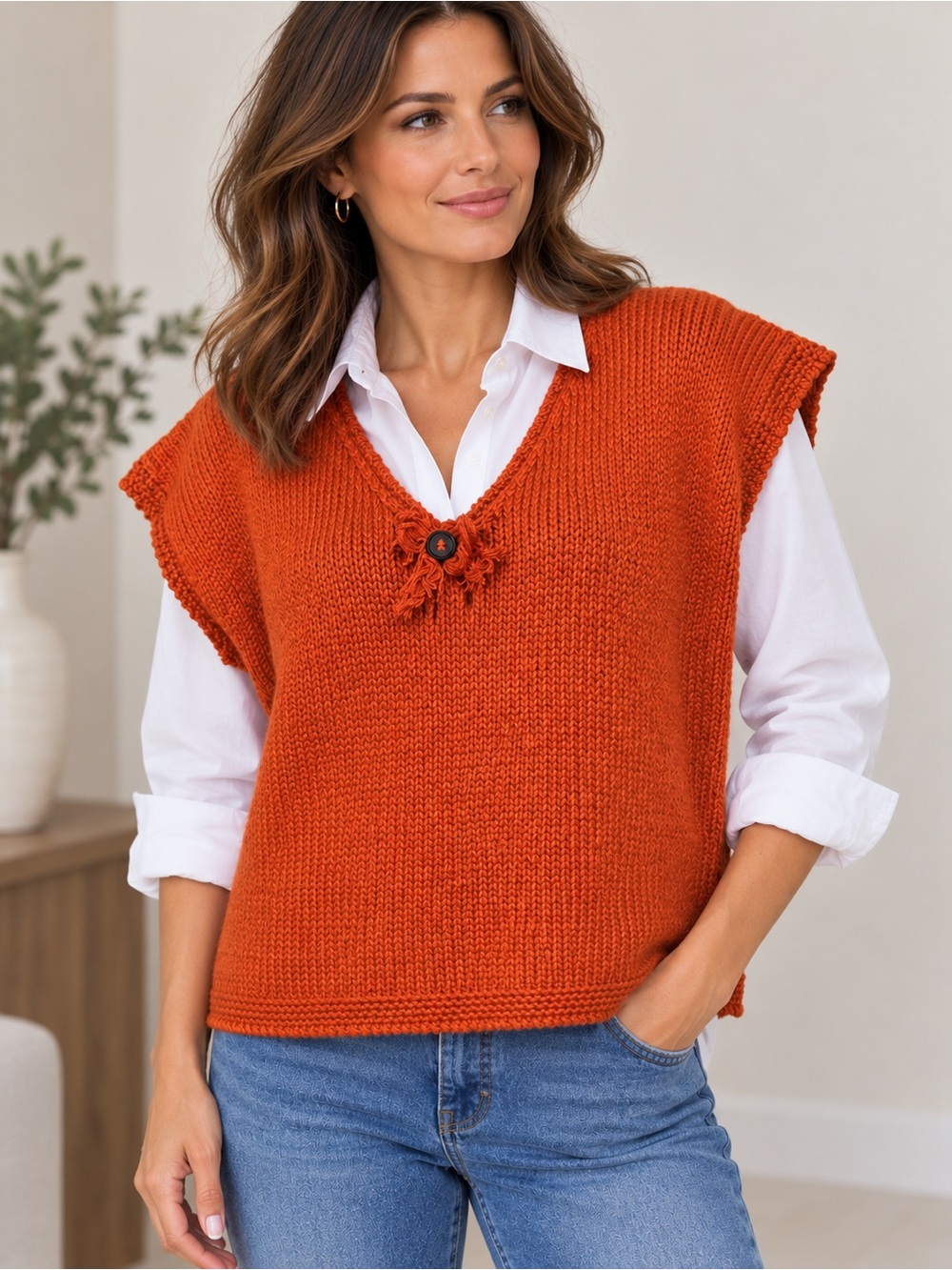 Hand Knitted Cashmere V-Neck Sweater Vest - Burnt Orange terracotta rust, medium